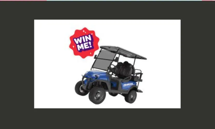 Tis photo shows the golf cart that can be won. This option is a blue cart with a red caption above that says "win me!"