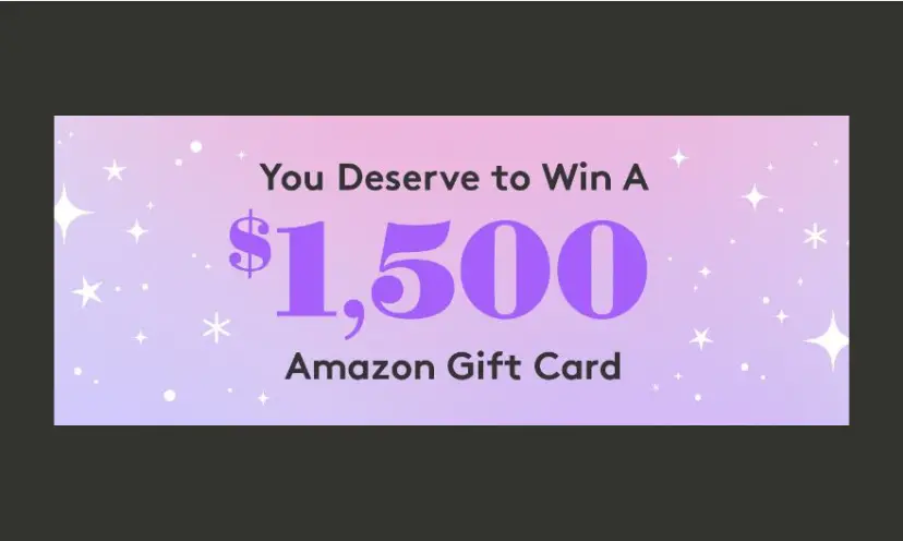 This photo simulates a gift card and says "you deserve to win a $1,500 Amazon Gift Card". The main colors are lavender with white stars scattered about.