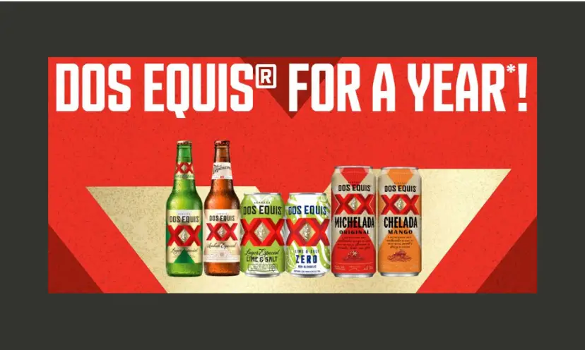 The text in this photo says "Dos Equis for a year" and features four cans and two bottles of the product in this giveaway.