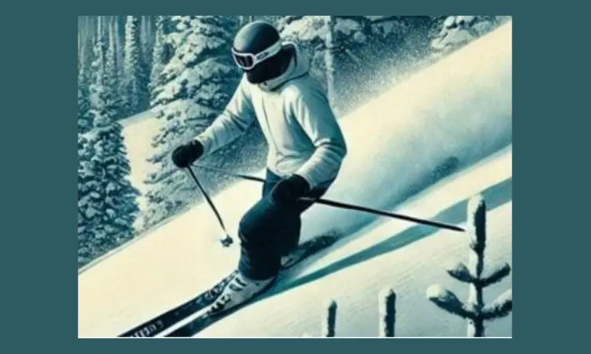 This photo is in blues, greys and white with a skier enjoying their new skis on a snowy mountain slope. There are snow cover trees surrounding to bring the true magic of winter to this picture!