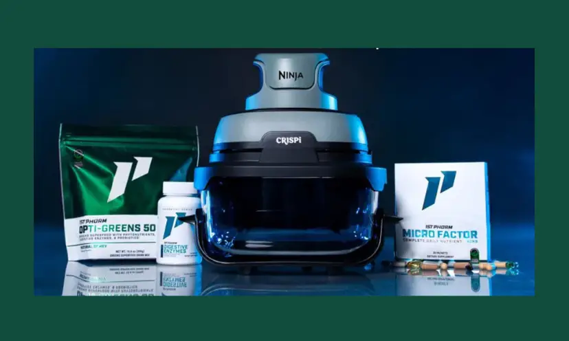 This photo features a Ninja Crispi and the wellness supplements available in this giveaway. Mixed with hues of greens and blues, it captures the warmth in this prize package.