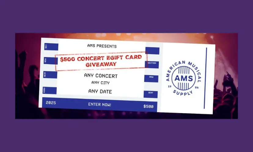 This image has a purple background and features a ticket. On the ticket the text says "$500 concert E-Gift card giveaway".