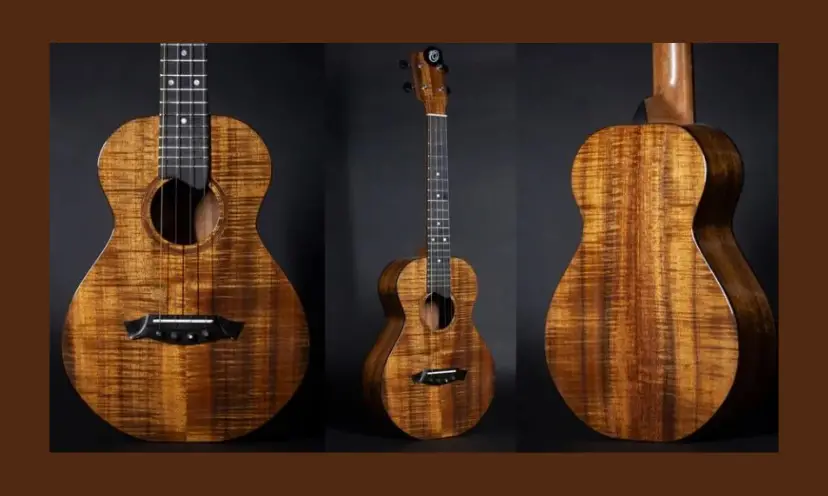 This photo shows the beautiful detail and rich wood tones in the ukulele being offered in this giveaway!