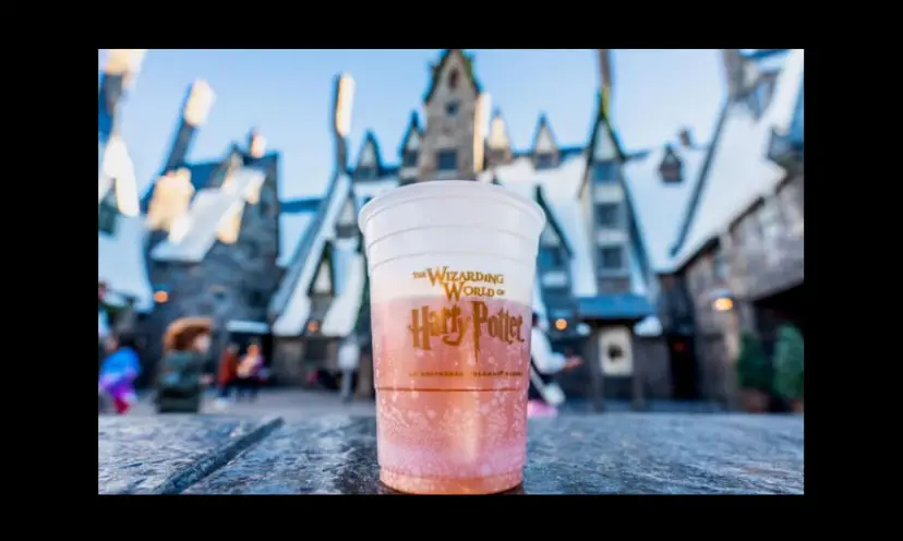 This photo features a cup of Harry Potter's Butterbeer while showing a magical, fantasy looking scene in the background!