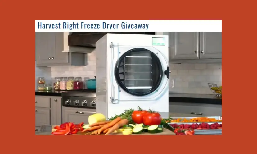 This photo features the food freeze dryer that you could win. It has the item in a kitchen on a counter and surrounded by colorful fresh fruits and veggies!