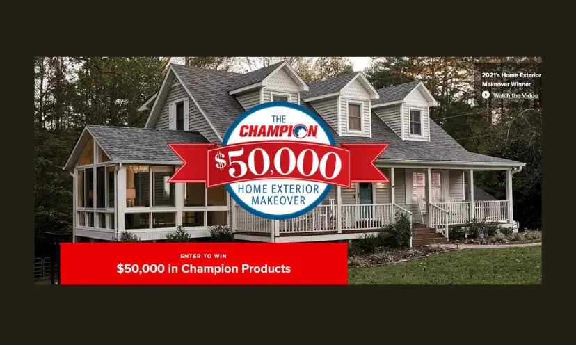 This photo features a beautiful cape cod style house surrounded by trees to the side and back. The text says "The Champion $50,000 home exterior makeover".