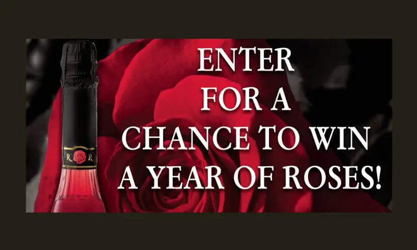 This photo is made up of a background that features a huge red rose image next to a bottle of wine. The text says "enter for a chance to win a year of roses"!