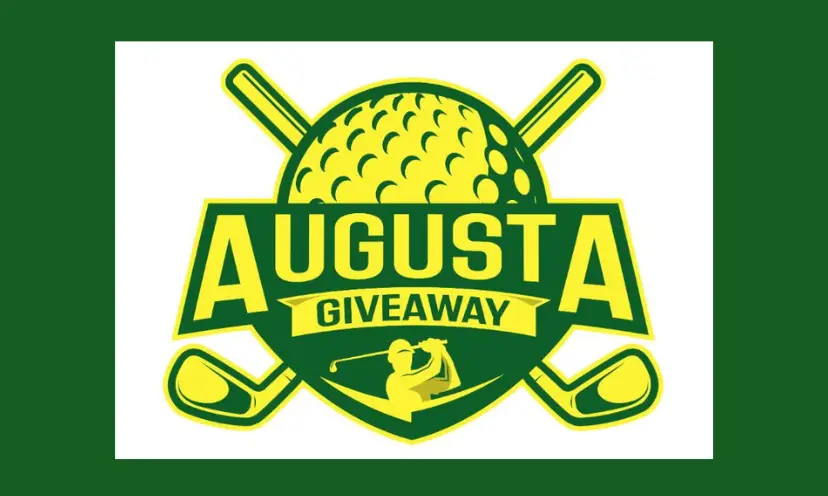 This is a green and yellow image featuring a large golf ball, clubs and an image of a golfer. The text reads "Agusta Giveaway"!