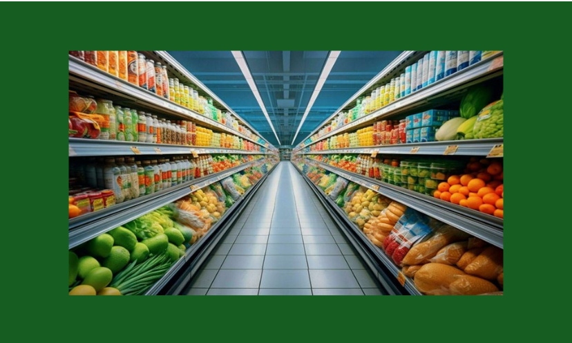 This photo features a grocery store aisle loaded with colorful produce and other food items!