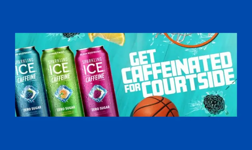 This photo shows three cans of Ice beverages...one blue, one green and one pink. There is also a basketball shown with the text "get caffeinated for courtside".