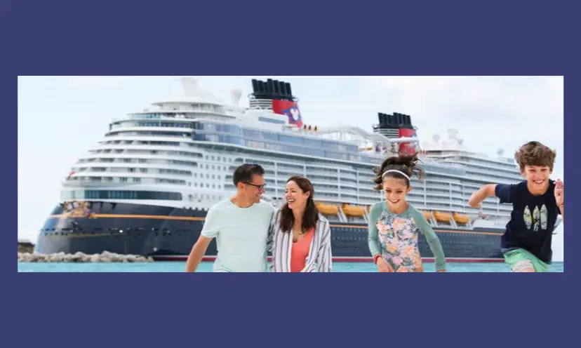 This photo features a family of four...mom, dad and two kids...filled with excitement and leaping for joy in front of a Disney cruise ship!