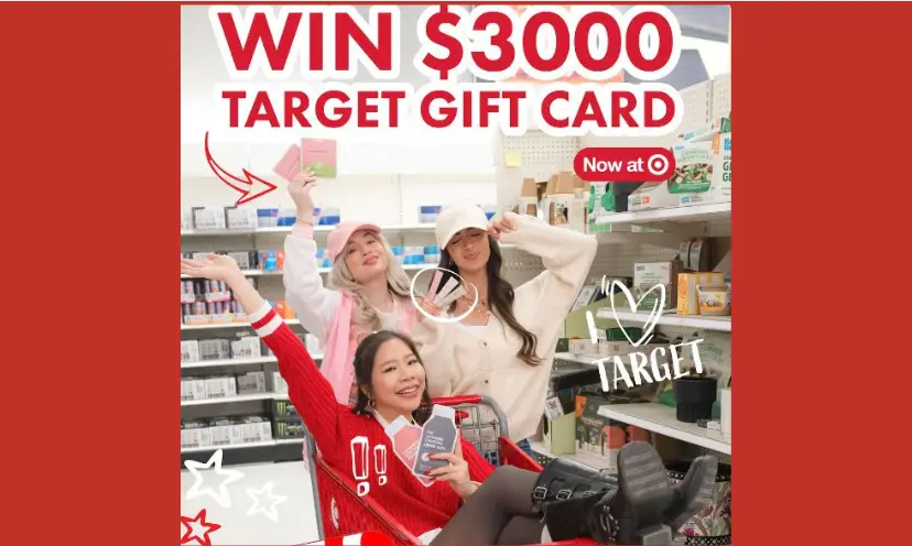 The caption on this photo says "Win $3000 Target gift card". It also features three youthful girls in Target enjoying a shopping spree!