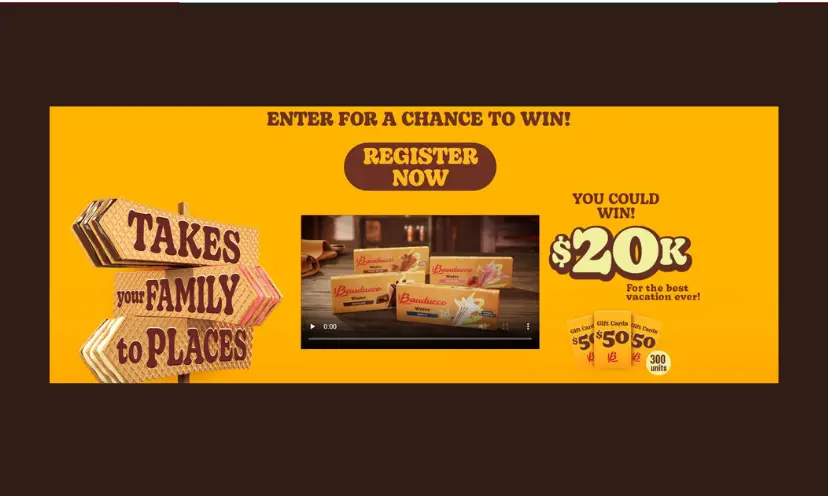 This photo says a lot including "enter for a chance to win", "register now", "takes your family places" displayed on a wafer cookie sign, "you could win 20K for the best vacation ever" and pictures multiple $50 gift cards!