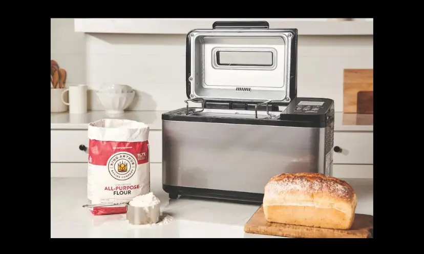 This is a photo of the bread machine that you could win. It also features a bag of King Arthur flour and a fresh baked loaf of bread!