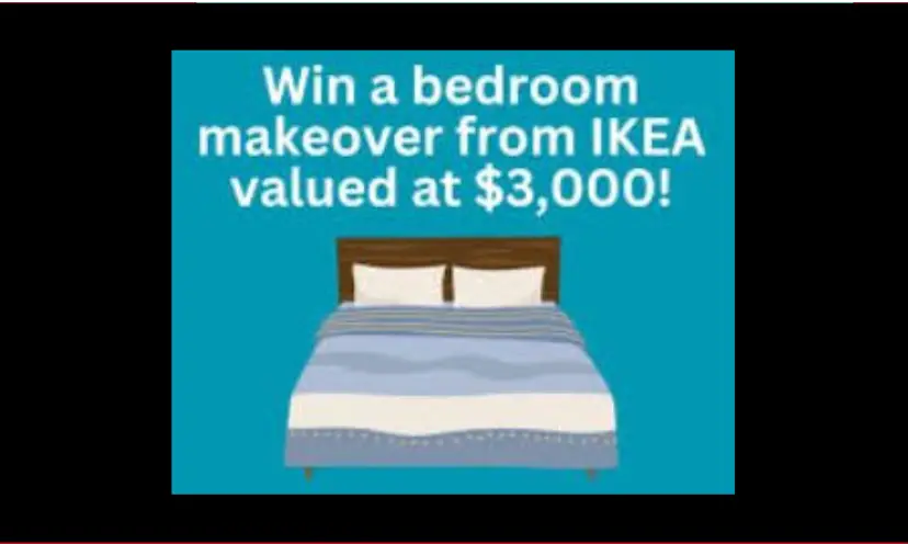 This photo features a cozy bed on a blue background with the caption "win a bedroom makeover from IKEA valued at $3,000!