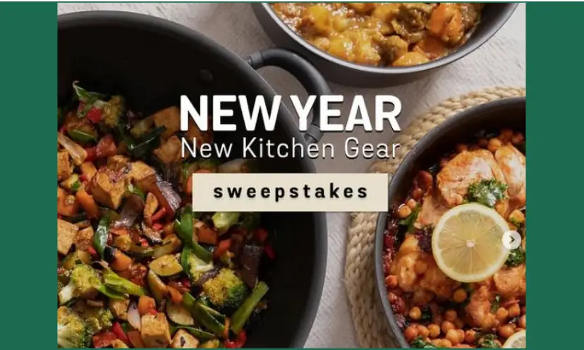 This photo features an amazing looking stir fry meal and possibly a dessert that resembles apple pie...all created in this top notch cookware in the giveaway. The captions says "New Year New Kitchen Gear Sweepstakes".