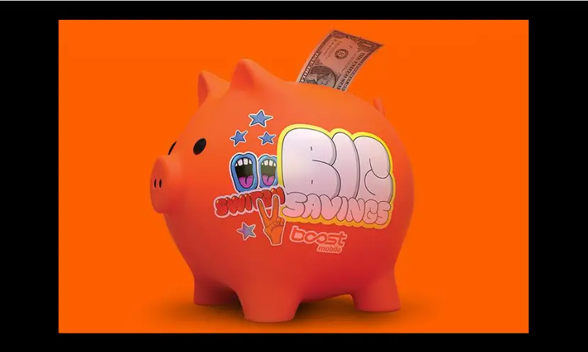 This photo features a piggy bank which is appropriate for such a big cash giveaway. There is a dollar bill going into the bank and the text on the side of the pink pig says "Big savings/boost mobile".