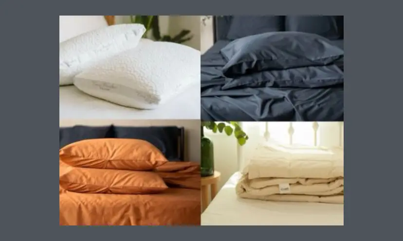 This photo features four bedding sets. There is one white pillow set, one cream colored sheet set, one orange and one grey set shown in this photo.