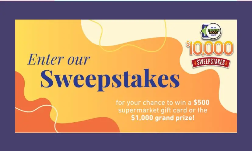 This photo resembles puzzle pieces in orange, gold and white and comes with the text "Enter our sweepstakes for your chance to win a $500 supermarket gift card or the $1,000 grand prize", In the top corner is a logo that says "March frozen food month"!