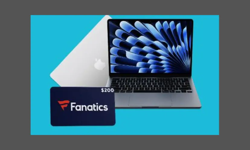 This photo features the $200 Fanatics gift card and the awesome Macbook laptop offered in this giveaway!