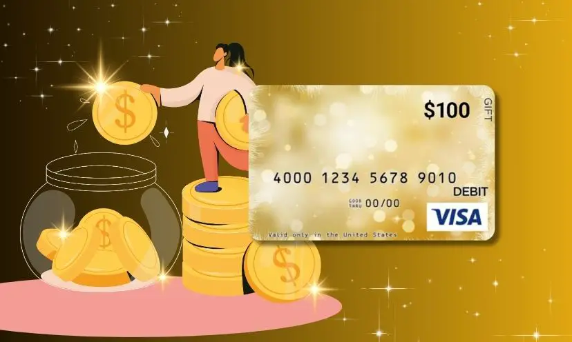 Image shows a graphic of a person standing on a pile of golden coins and there is an overlay of a Visa gift card.