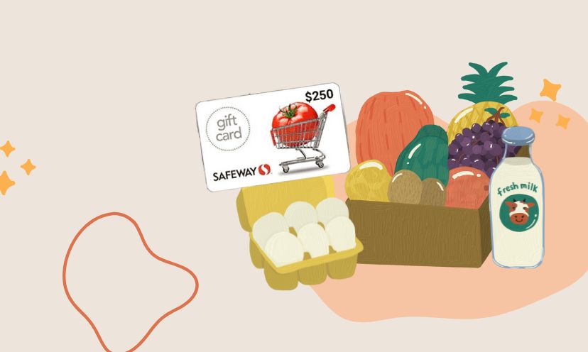 Image shows a graphic of a gift card and a pile of groceries like eggs, milk, and veggies.