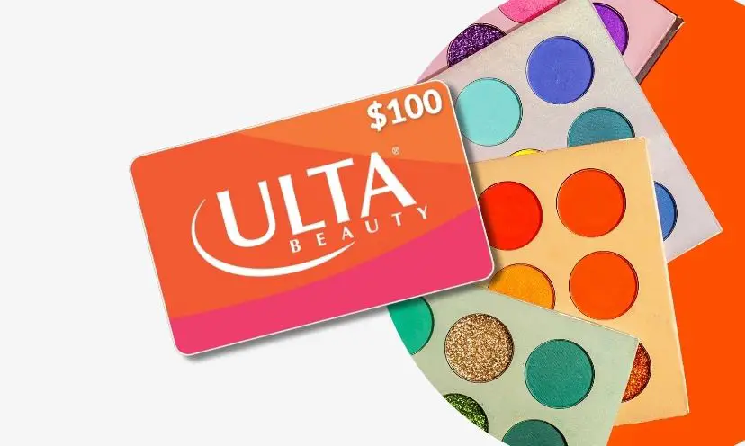 Image shows an Ulta gift card with some eye shadow pallets behind it