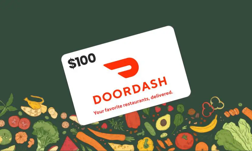 image shows a bunch of fruits an veggies behind a DoorDash gift card.