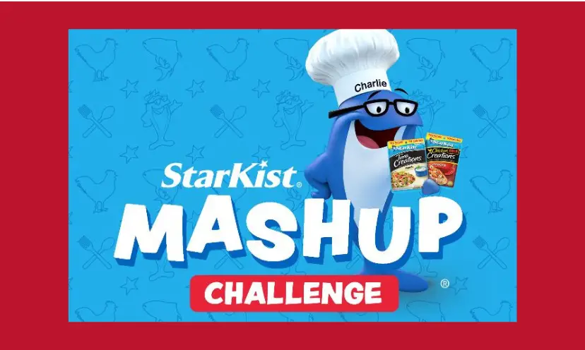 This is a red, white and blue photo featuring Charlie the Tuna with the words "Starkist Mashup Challenge"!