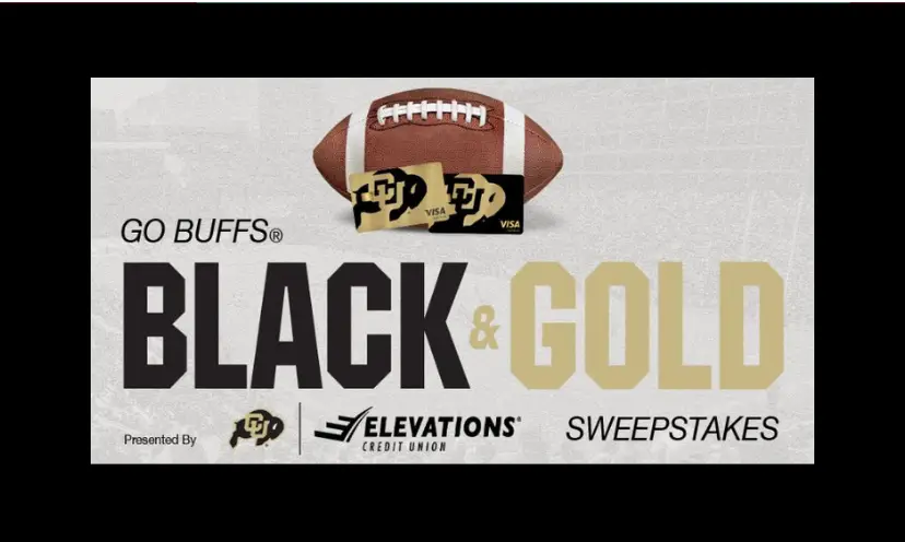 This photo features a football holding up the two gift cards in the giveaway. The caption says "Go Buffs Black & Gold Sweepstakes"!