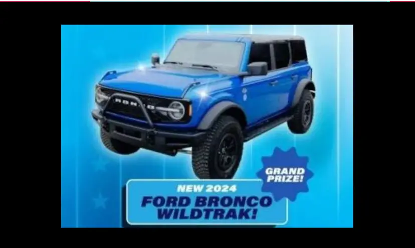 This photo features a blue Ford Bronco Wildtrak that you could win if you enter this sweepstakes!