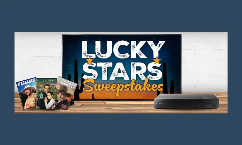 This photo starts with the title "Lucky Stars Sweepstakes" and pictures the movies, TV and DVD player that's being given away in this awesome sweepstakes offer!