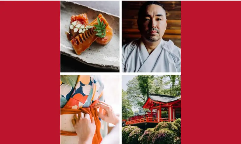 This photo features four of the treats in store for the winner of the trip to Japan...including sushi, a Japanese chef, Japanese architecture and colorful Japanese attire.