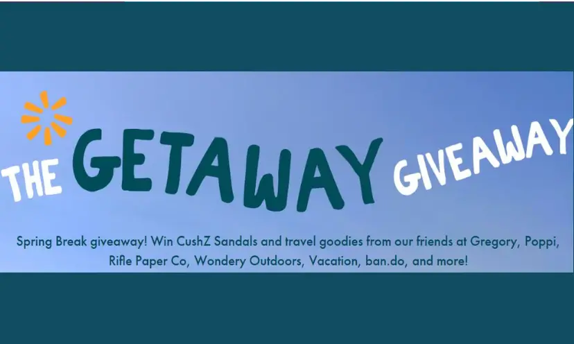 This mostly blue in color photo is a simple one as it shares the sweepstakes title which says "The Getaway Giveaway" along with a list of some of the prizes being offered!