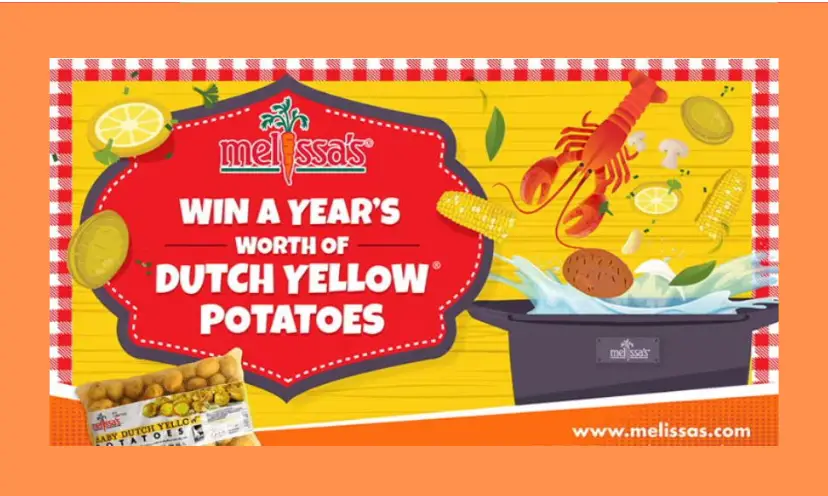 This photo features a cartoon type seafood boil with the text "win a year's worth of Dutch yellow potatoes along with an actual bag of Melissa's potatoes.