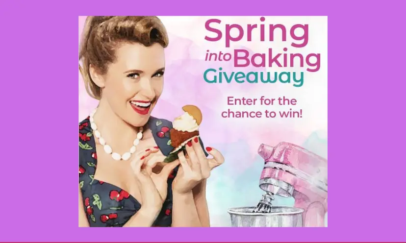 This photo features a lady that looks and dresses as if she's from the 50's or 60's...bead necklace and all! She's holding a cupcake and is standing beside a pink Cuisinart mixer like the one you could win. The text says "Spring into Baking Giveaway" and "enter for the chance to win!"