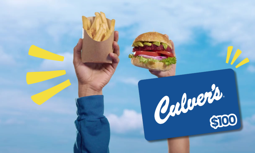 the image shows two hands - one holds french fries and one holds a burger - overlaid over the image is a gift card to Culver's