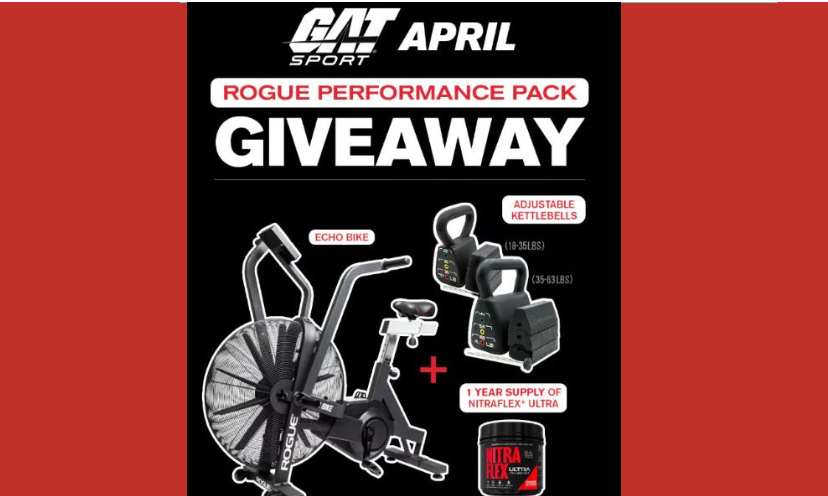 This photo features each prize in this giveaway: The Echo bike, the kettlebells and the supplement. The text says "GAT Sport April Rogue Performance Pack Giveaway".