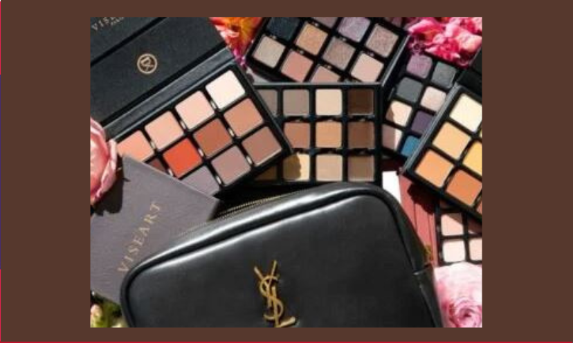 This is a photo showing several color palettes of eyeshadows by Viseart along with the stunning make up bag in this giveaway!