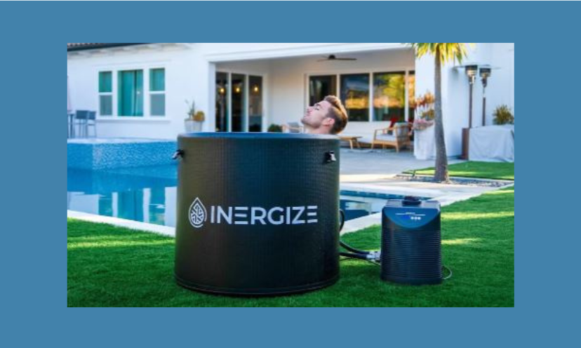 This photo features a man enjoying a cold plunge set up like the one in this giveaway. His set up is by his pool in his backyard...which could be your perfect wellness scene, too!