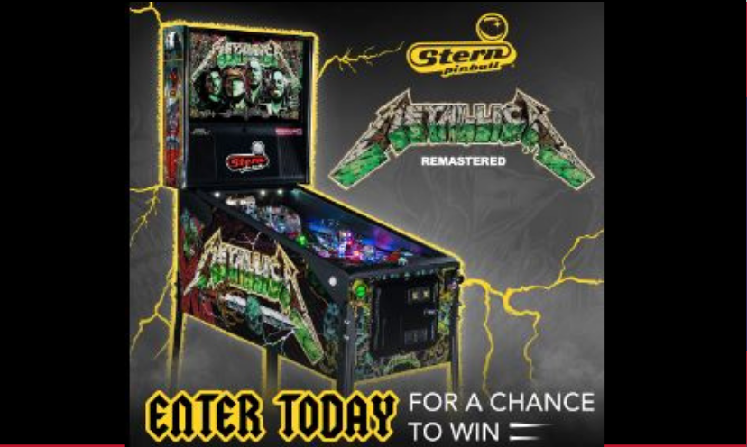 This is a photo of the vibrant and colorful pinball machine being offered in this giveaway. The text says "enter today for a chance to win"!