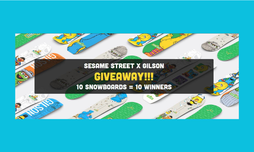 This photo features many whimsically decorated snowboards with Sesame Street characters. The text says "Sesame Street x Gilson Giveaway!!! 10 snowboards = 10 winners"!