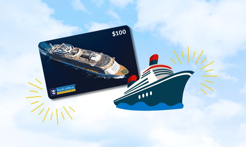 the image shows a graphic cruise ship and a gift card to Royal Caribbean behind it.