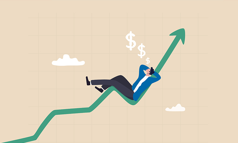 a graphic of a person reclining on a graph that is moving upwards
