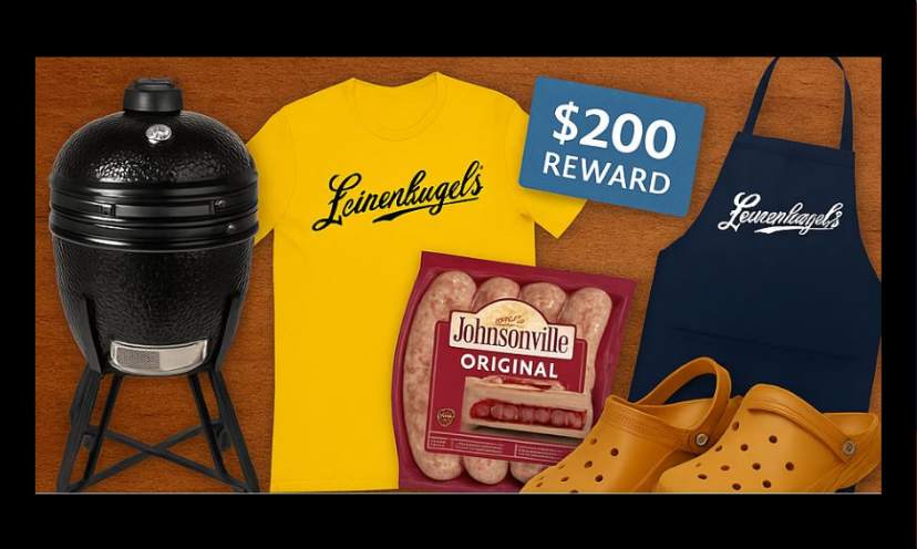This photo features the prizes in this giveaway including the grill, sausages, cash reward, apron and clogs!