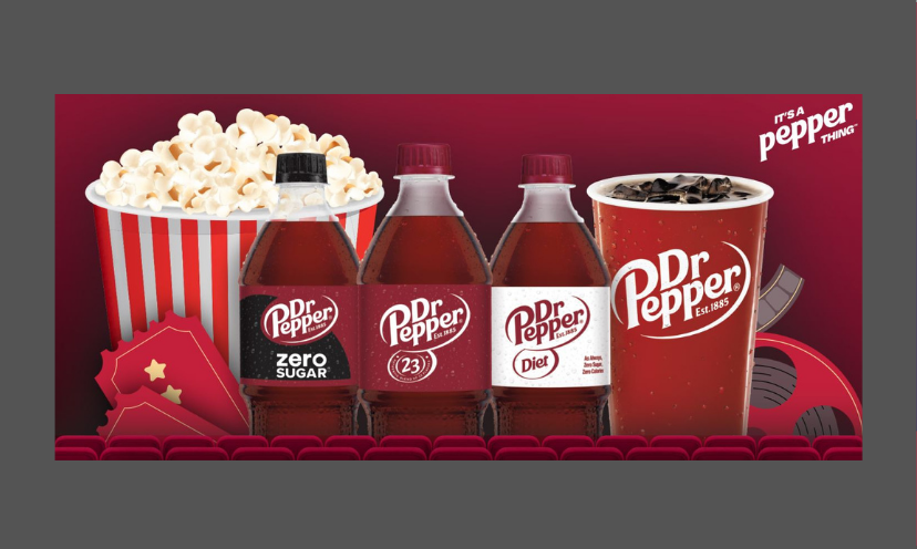 This photo is all about being at the movies...featuring a big tub of popcorn, tickets, a movie reel, velvety theater seats and lots of ice cold Dr Pepper!