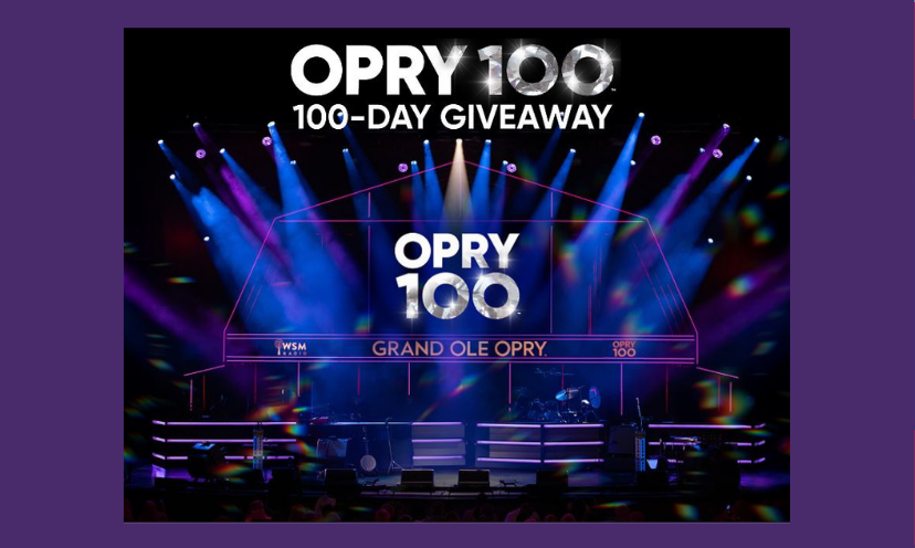 This photo shows the magic of the lights reflecting from the stage of the Grand Ole Opry! The text says "Opry 100- 100 day giveaway"!