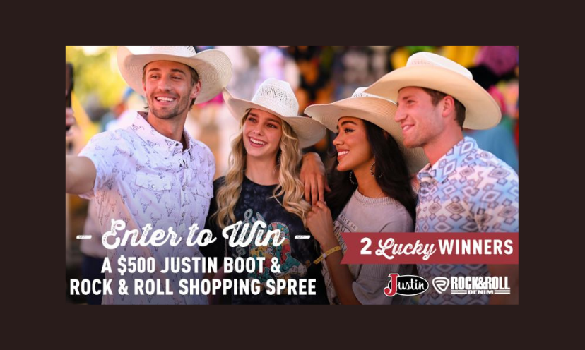 This photo features two guys and two gals decked out in their western apparel. The giveaway description is also included as it says "enter to win a $500 Justin Boot and Rock & Roll shopping spree"!