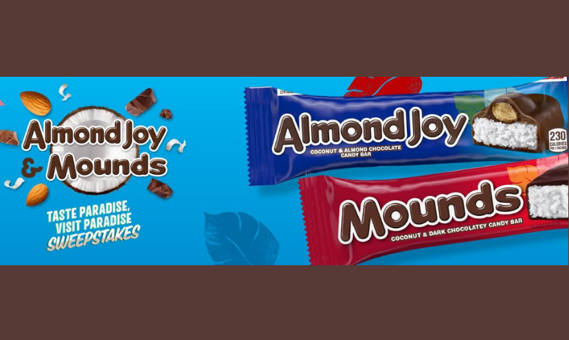 This photo features an Almond Joy and a Mounds candy bar with a caption that says "Almond Joy and Mounds taste paradise visit paradise sweepstakes"!