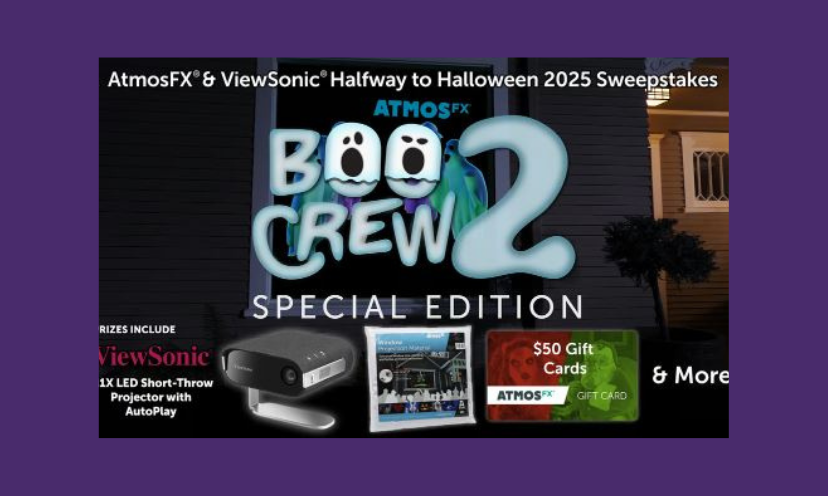 This photo features a frightful and fun logo that spells out "Boo Crew 2" with the help of two cute ghost figures. It also shows most of the prizes you could win in the Halfway to Halloween Sweepstakes including the projector, gift card and photo of decorating options and ideas.